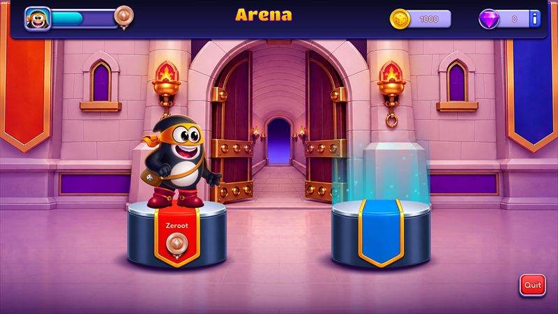 The Arena lobby: the player Zeroot waits on a podium outside a castle gate while the opponent's podium fills with light.