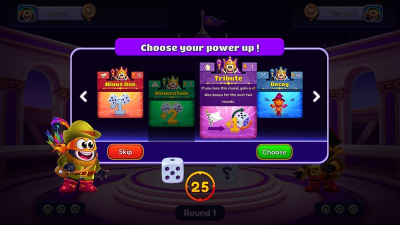 The Choose your power up screen: a carousel of PowerUp cards — Minus One, Momentum, Tribute, Decoy — with Skip and Choose buttons.